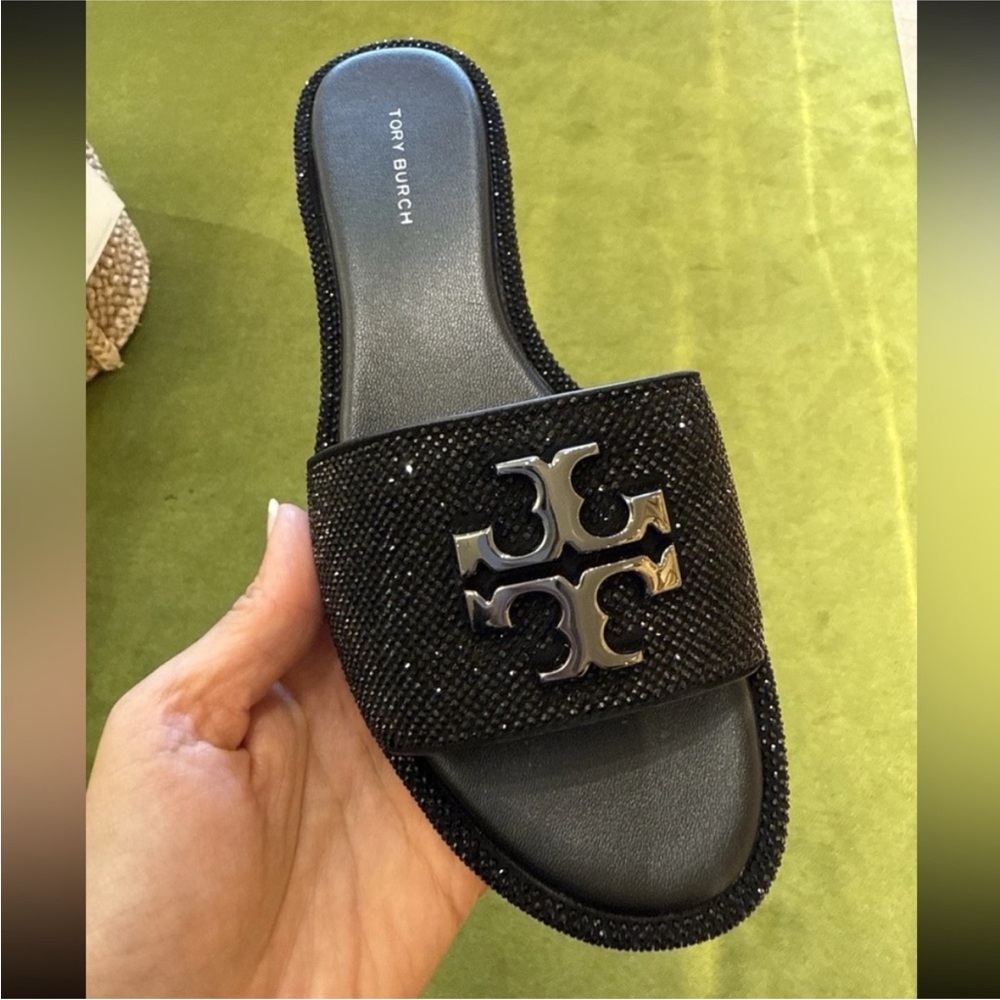 Tory Burch Everly Slide Sandals Calf Leather Crystal Design
